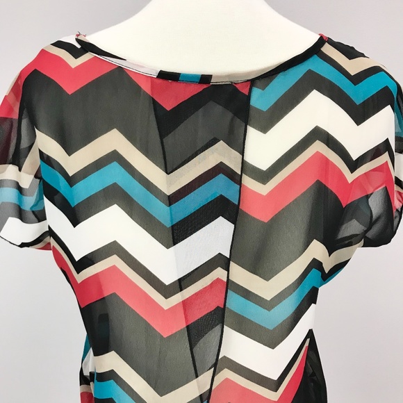 A'gaci Teal Zig Zag Chevron Chiffon Tie Back Top - Picture 12 of 14